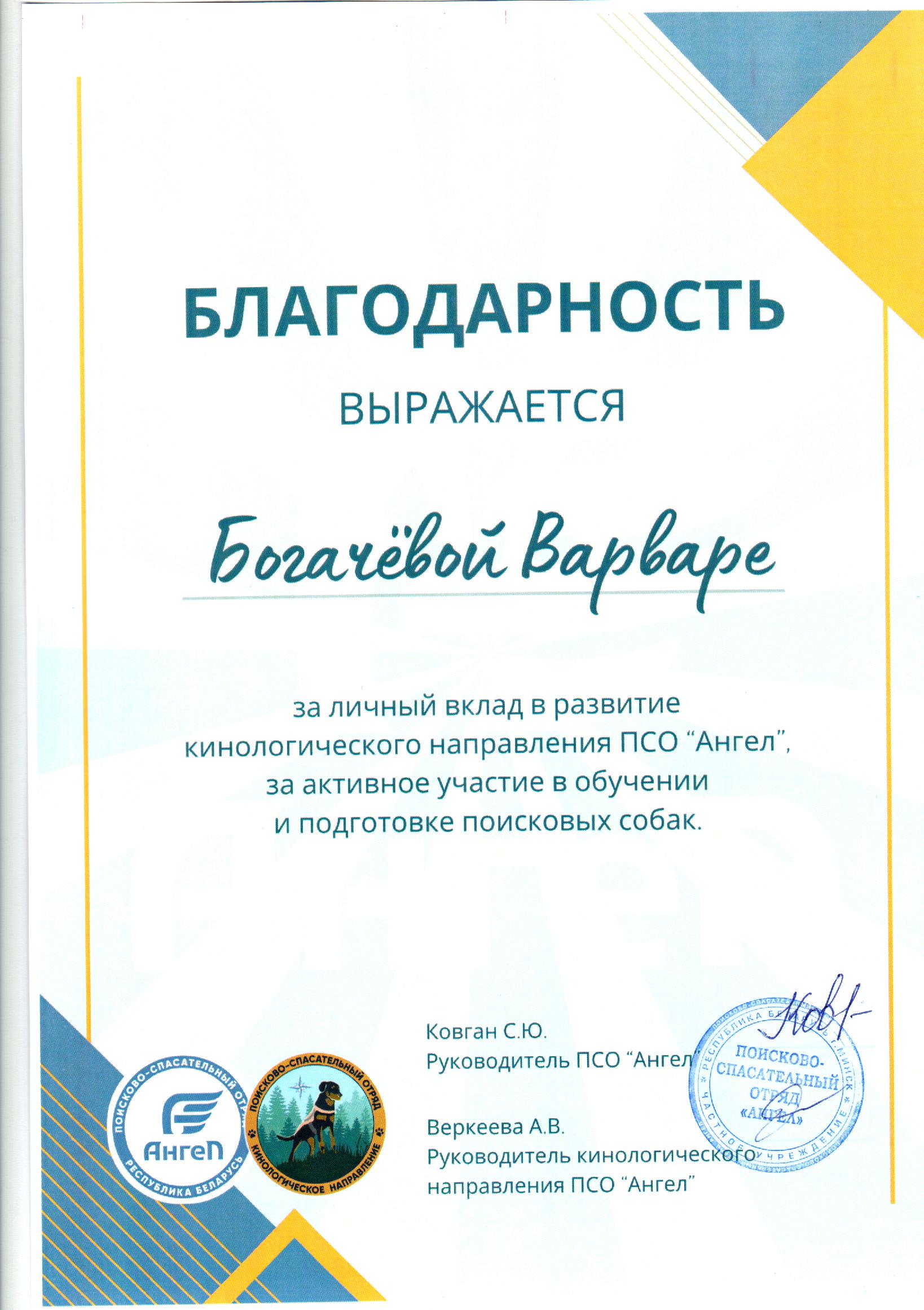 Благодарность ПСО Ангел